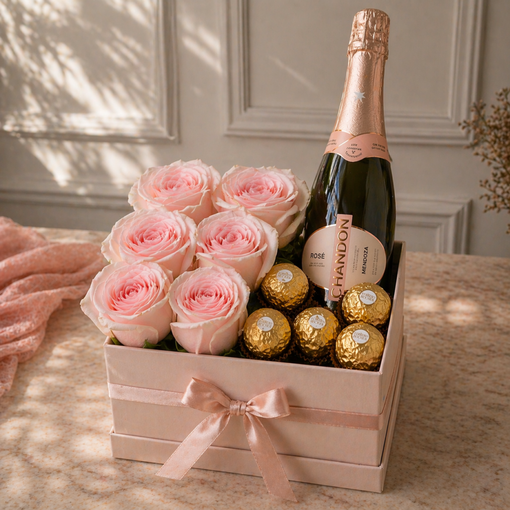 Box rosas champagne chocolates